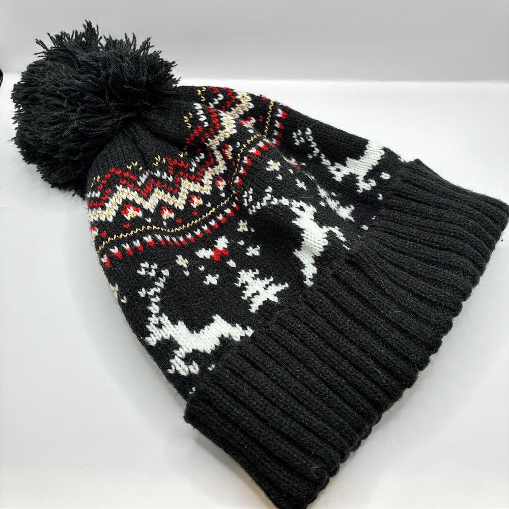 Kate Mee Black Fair Isle Reindeer Pompom Beanie Hat OS Geometric Ski Outdoors
